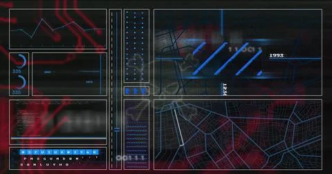 Displaying multi-panel HUD spanning frame at console, with line chart, gauges Stock Illustration