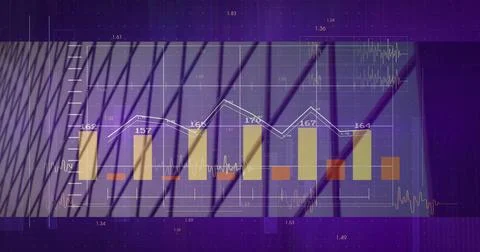 Displaying multi-series chart on purple dashboard, with golden bars, orange 스톡 일러스트