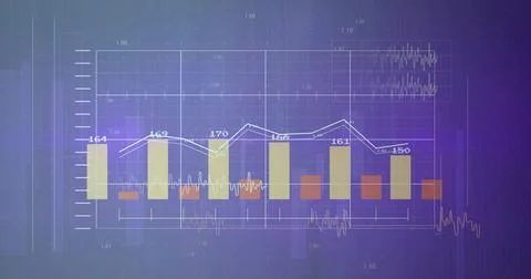 Displaying multi-series chart on purple gradient, with grouped bars, trend lines 스톡 일러스트