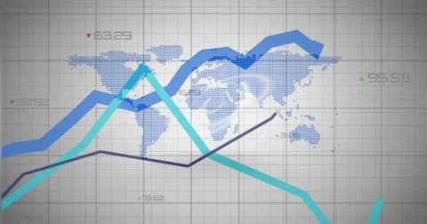 Displaying multi-series lines traversing grid with dotted world map, numbers and Stock Illustration