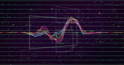 Displaying multi-trace colorful waveform oscillating on dark purple dashboard, Illustrazione stock