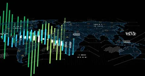 Displaying multicolor 3D bars over world map outline at virtual workspace, with Foto stock