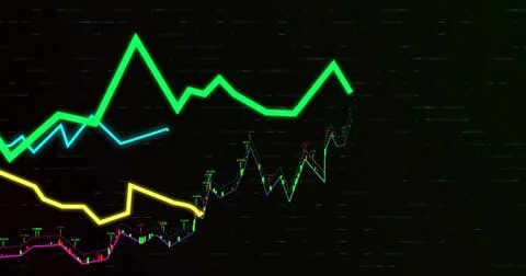 Displaying multicolor line graphs with candlestick markers grid lines and data Foto stock