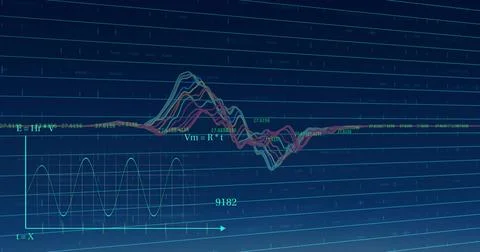 Displaying multicolor line plot forming peak on dark blue grid with Vm=R*t, 9182 Ilustración de archivo