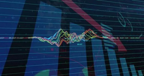 Displaying multicolor line plots tracing on trading screen, with bars, red Stock Illustration