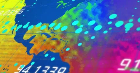 Displaying multicolor map-like shape pulsing on dashboard with cyan dots and Stock Illustration