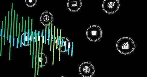 Displaying multicolor vertical waveform on black screen, featuring white Stock Illustration