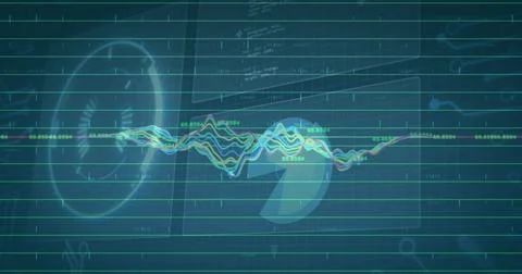 Displaying multicolor waveform crossing teal grid on HUD showing numeric labels Stock Illustration