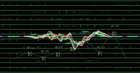 Displaying multicolor waveform pulsing on dark display, showing neon-green grid Stock Illustration
