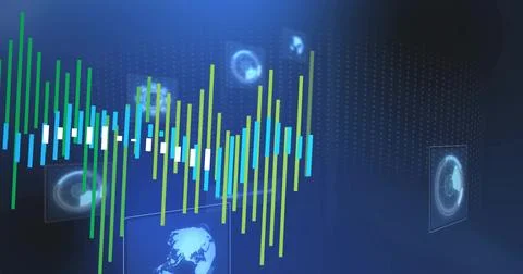 Displaying multicolor waveform rising across blue dashboard with white segment Foto stock