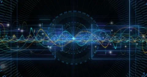 Displaying multicolor waveform streaming in control panel with numeric scales, Stock Illustration