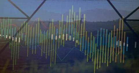 Displaying multicolored bar candlestick line chart over grassy plain grid ove Stock Photos