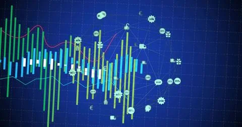 Displaying multicolored bar chart with trend lines on dark blue grid, showing Stock Illustration