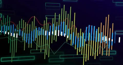 Displaying multicolored candlestick bars and trend lines on digital dashboard, Stock Illustration