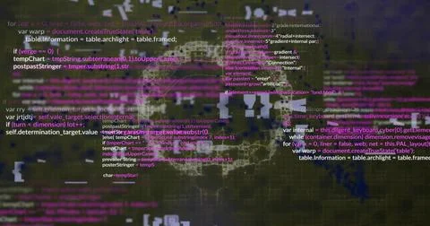 Displaying multicolored code overlay on data map, showing highlighted lines, Stock-Fotos