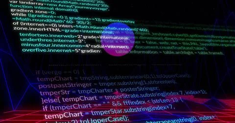 Displaying multicolored code snippets scrolling across cyberspace grid, with Stock Photos