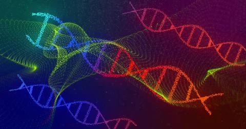 Displaying multicolored DNA helix moving diagonally in digital 3D space, with Stock Photos