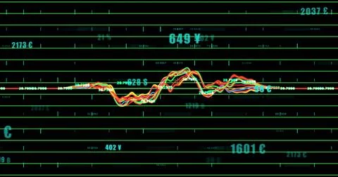 Displaying multicolored line cluster pulsing across on-screen dashboard, with Stock Illustration