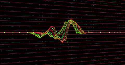 Displaying multicolored waveform on analysis screen, with circular markers and Illustrazione stock
