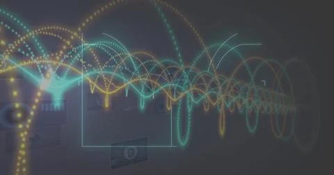 Displaying multicolored waveform arcs and dotted streams across holographic UI, 写真素材