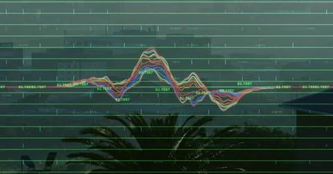 Displaying multicolored waveform centering over hazy coastal skyline, with green Stock Photos