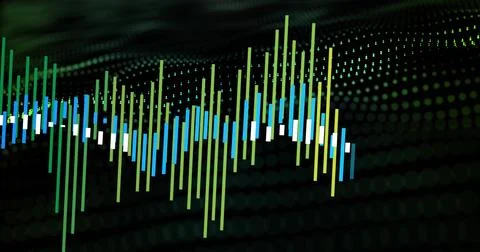 Displaying multicolored waveform forming vertical bars and blocks on dark dotted Stock Photos
