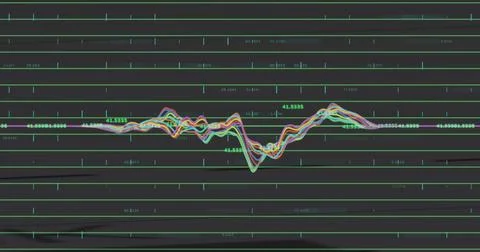 Displaying multicolored waveform traces moving across monitor, with reference Stock Photos