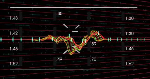 Displaying multicolored waveform traces oscillating around teal axis in Stock Illustration