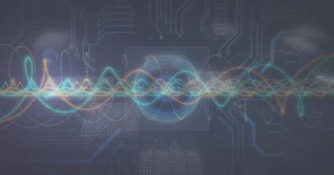 Displaying multicolored waveforms rippling around ring pattern on digital panel, Foto stock