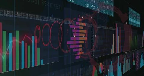 Displaying multipanel dashboard with bar charts, line graphs, circular rings, Stock Illustration