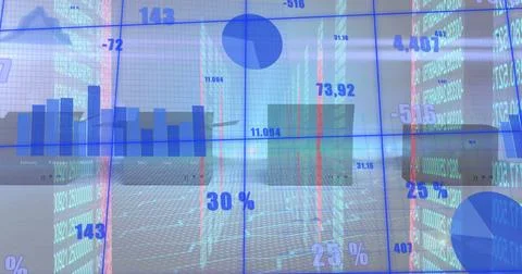 Displaying multipanel data wall in control room, showing bar, pie charts, 30% 스톡 사진