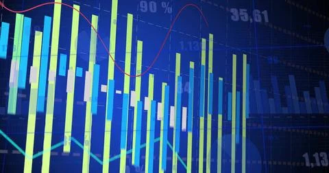 Displaying multiseries financial chart on screen, with lime vertical bars and Illustrazione stock
