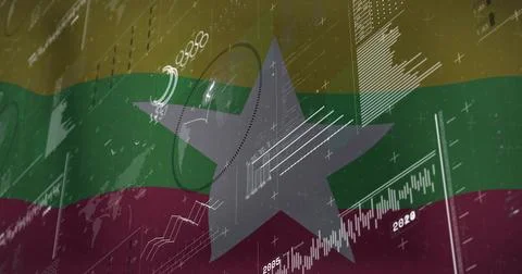 Displaying Myanmar star symbol on digital flag stripes with line graphs and イラスト素材