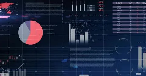 Displaying navy analytics dashboard on screen, showing bar-and-line, pie, can Stockillustratie
