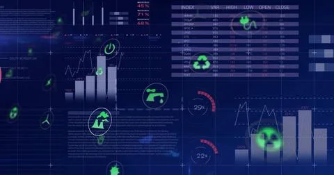 Displaying navy-blue data HUD presenting vertical bar charts, line plots, gau Stock Illustration