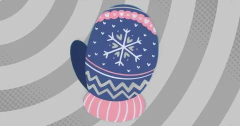 Displaying navy blue mitten on grey backdrop, with pink cuff and zigzag hearts Stock Illustration