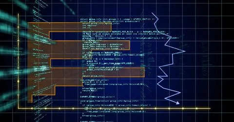 Displaying navy interface showing C code lines on screen, with overlays and Stock Illustration