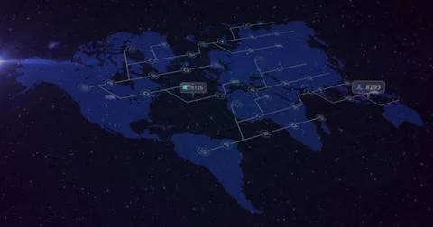 Displaying navy map with glowing network nodes and data labels against space and Stock Illustration