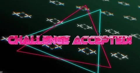 Displaying neon 3D CHALLENGE ACCEPTED! text in cyberspace, glitchy X crosses and Illustrazione stock