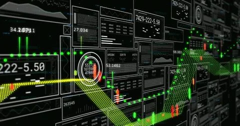 Displaying neon 3D graph rising across screen, with yellow trend, red green c Stock Illustration