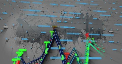 Displaying neon 3D line graphs with glowing green and red nodes in studio Stock Photos