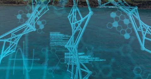Displaying neon 3D network floating above rocky ocean coast, with data 스톡 사진