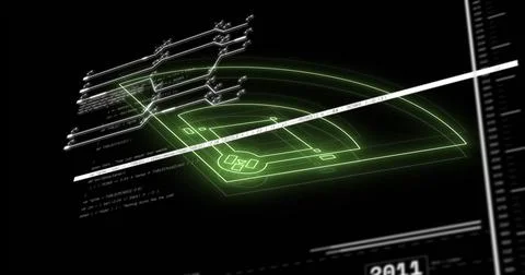 Displaying neon baseball-schematic in angled HUD, showing white UI bar, code Stock-Illustration