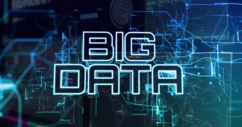 Displaying neon BIG DATA text glowing center in virtual HUD, with circuits and Illustrazione stock