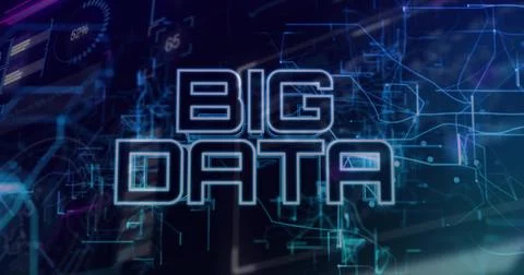 Displaying neon BIG DATA text glowing on digital dashboard, with circuit line Foto stock