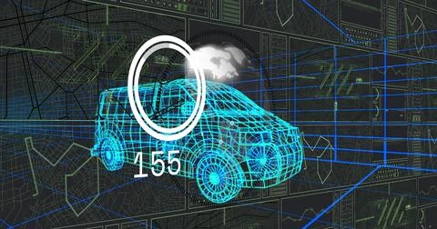 Displaying neon blue 3D wireframe SUV model in HUD interface, with numeric 155 Stock Illustration