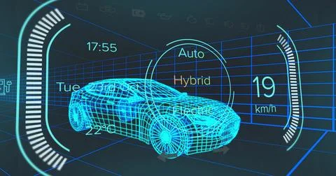 Displaying neon blue 3D wireframe car in grid UI, with gauge bars, drive-mode Stock Illustration