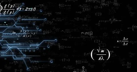 Displaying neon-blue circuit network intersecting math formulas on black Stock Illustration