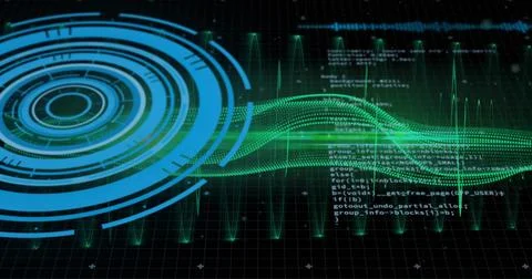 Displaying neon-blue concentric HUD crossing green mesh waveform over dark gr Illustrazione stock