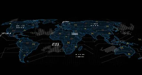 Displaying neon blue digital world map on dashboard, with hexagonal clusters and Stock Illustration